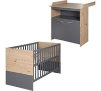 Ensemble de meubles pour bébé roba Anna 2 pièces - lit bébé et lit d'appoint 60 x 120 cm + table à langer avec plateau amovible - en anthracite /Reproduction chêne Kent