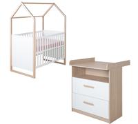 Ensemble de meubles pour bébé roba Cabane 2 pièces - Lit bébé et lit d'appoint 60 x 120 cm + table à langer avec plateau amovible - Chambre d'enfant en blanc /Reproduction chêne