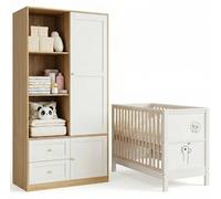 Ensemble de meubles pour chambre d'enfant : lit bébé et armoire - Bois massif - Barrière de sécurité - Tableau d'apprentissage - Porte coulissante - Penderie - Dimensions : 120 x 60 x 90 cm / 90 x 50 