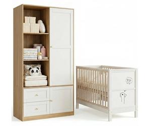 Ensemble de meubles pour chambre d'enfant : lit bébé et armoire - Bois massif - Barrière de sécurité - Tableau d'apprentissage - Porte coulissante - Penderie - Dimensions : 120 x 60 x 90 cm / 90 x 50