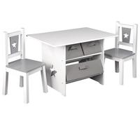 Ensemble de meubles pour enfants comprenant une table et 2 chaises - Table pour enfants avec espace de rangement - Bois de pin - Forme rectangulaire - Motifs étoilés - Blanc/Gris