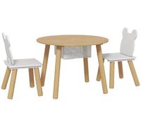 Ensemble de meubles pour enfants comprenant : une table ronde, une table d'activités, 2 chaises avec dossier en forme d'oreilles d'ours, un panier de rangement. Matériau : bois. Dimensions : 60 x 60 x