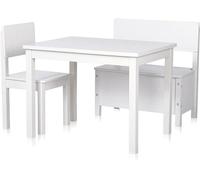 Ensemble de meubles pour enfants comprenant une table, un banc et une chaise, de style rustique, de couleur blanche, facile d'entretien. Surface facile à nettoyer, robuste, hauteur adaptée aux enfants