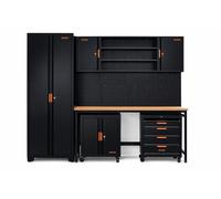 Ensemble de mobilier d'atelier Boxer® en acier et bois – comprenant un établi, une armoire haute, une armoire supérieure, des armoires à roulettes et des panneaux à outils – pieds réglables en hauteur
