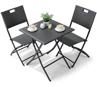 Ensemble de mobilier de balcon en rotin - Set de jardin bistrot composé de 3 pièces - Table pliante avec 2 chaises - Structure en métal - Dimensions de la table : 60x60x72 cm - Couleur : gris