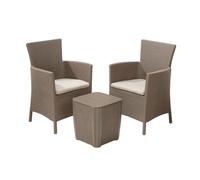 Ensemble de mobilier de balcon Keter Iowa – Cappuccino/Sable – 3 pièces – 2 fauteuils + 1 table avec rangement – coussins d'assise inclus – plastique aspect rotin plat