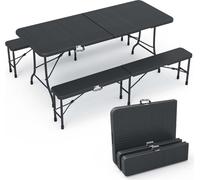 Ensemble de mobilier de brasserie pliable VOUNOT® 3 pièces, comprenant 1 table et 2 bancs, ensemble de mobilier de fête d'appoint aspect rotin, mobilier de jardin, ensemble de camping, noir