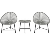 Ensemble de mobilier de jardin 3 pièces, style Acapulco, 2 chaises, 1 table avec plateau en verre, structure en acier, gris, résistant aux intempéries, patins réglables
