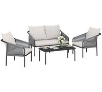 Ensemble de mobilier de jardin 4 pièces en polyrotin : canapé deux places, 2 fauteuils, table basse, coussins amovibles et cordons de fixation