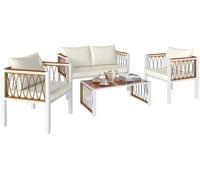Ensemble de mobilier de jardin 4 pièces en polyrotin : salon de jardin comprenant un canapé deux places, deux fauteuils, une table en verre, des coussins amovibles et un tapis antidérapant
