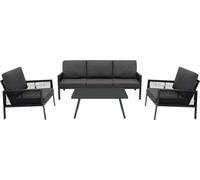 Ensemble de mobilier de jardin 4 pièces gris anthracite avec coffre de rangement en rotin noir – canapé 3 places, 2 fauteuils, table basse, coussins, couvercle à ressort gaz 582L, transportable, houss