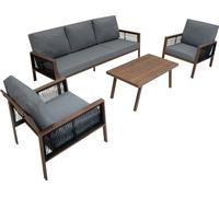 Ensemble de mobilier de jardin 4 pièces marron avec coffre de rangement en rotin noir – canapé 3 places, 2 fauteuils, table basse, coussins, couvercle à ressort de gaz 582L, portable, housse imperméab