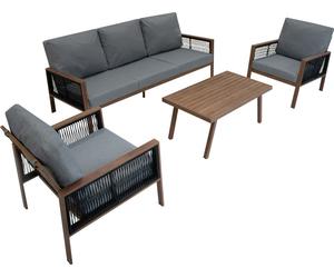 Ensemble de mobilier de jardin 4 pièces marron avec coffre de rangement en rotin noir – canapé 3 places, 2 fauteuils, table basse, coussins, couvercle à ressort de gaz 582L, portable, housse imperméab