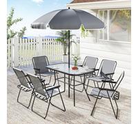 Ensemble de mobilier de jardin 8 pièces, coin salon pour 6 personnes, chaises pliantes et table en verre avec trou pour parasol, gris | 119 x 68 x 70 cm | parasol de 180 cm inclus