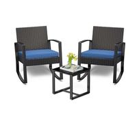 Ensemble de mobilier de jardin BEALIFE 3 pièces en rotin PE avec table et 2 chaises rembourrées | Coussins amovibles bleus | Pour le jardin, la terrasse | WR210