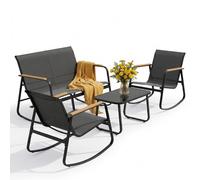 Ensemble de mobilier de jardin BEALIFE 4 pièces avec table de jardin | 4 fauteuils à bascule en maille et table en verre | Pour terrasse et balcon | Noir/gris clair | WR314
