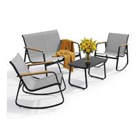 Ensemble de mobilier de jardin BEALIFE 4 pièces avec table de jardin | 4 fauteuils à bascule en maille et table en verre | Pour terrasse et balcon | Noir/gris clair | WR314