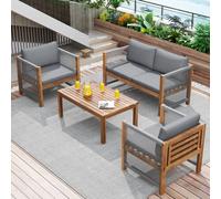 Ensemble de mobilier de jardin, canapé d'extérieur 4 pièces, ensemble de salon de terrasse comprenant un canapé 2 places, 2 fauteuils et une table, aspect rotin, acacia, gris