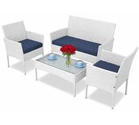 Ensemble de mobilier de jardin comprenant un canapé, 2 fauteuils et une table basse avec plateau en verre, ensemble de salon d'extérieur avec une structure en résine tressée blanche
