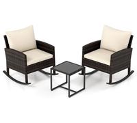 Ensemble de mobilier de jardin COSTWAY 3 pièces, mobilier de balcon en polyrotin comprenant 2 fauteuils à bascule et une table en verre, ensemble de mobilier de balcon et de terrasse avec 2 coussins d
