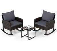 Ensemble de mobilier de jardin COSTWAY 3 pièces, mobilier de balcon en polyrotin comprenant 2 fauteuils à bascule et une table en verre, ensemble de mobilier de balcon et de terrasse avec 2 coussins d