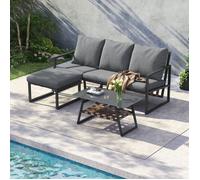 Ensemble de mobilier de jardin, élément d'angle, canapé + table basse + pouf, tubes en acier galvanisé, plateau en verre, gris.