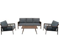 Ensemble de mobilier de jardin en aluminium 5 pièces, aspect bois, 4 éléments : coin salon et coin repas d'extérieur, comprenant un canapé 3 places, 2 fauteuils et une table basse. Résistant aux intem