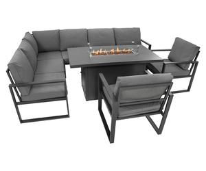 Ensemble de mobilier de jardin en aluminium gris anthracite : canapé d'angle modulaire 7 places, fauteuils, table à manger avec foyer à gaz intégré, mobilier de détente d'extérieur, avec housse de pro