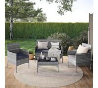 Ensemble de mobilier de jardin en polyrotin Thalora, comprenant : 1 canapé 2 places, 2 fauteuils, une table et des coussins de siège. Ensemble de mobilier pour balcon, terrasse ou jardin, de couleur g