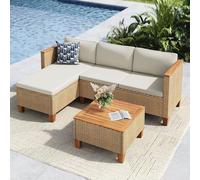Ensemble de mobilier de jardin en rotin, composé de 3 pièces, avec coussins beige pour 4 personnes. Petit canapé d'extérieur en forme de L avec table en bois. Ensemble de salon de jardin pour l'extéri