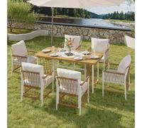 Ensemble de mobilier de jardin en rotin Moonbite comprenant 6 chaises et une table imitation bois. Ensemble de salon avec accoudoirs en rotin, coussins inclus. Matériaux : fer et polyester. Couleur : 