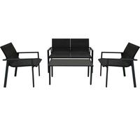 Ensemble de mobilier de jardin en rotin noir : canapé double 4 places, 2 chaises, table avec plateau en verre, canapé 4 places, fauteuil en polyrotin, causeuse, véranda d'intérieur/extérieur, housse i
