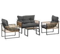Ensemble de mobilier de jardin en rotin Outsunny, 4 pièces : salon d'extérieur résistant aux intempéries comprenant un canapé deux places, deux fauteuils de jardin, une table basse et de gros coussins
