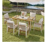 Ensemble de mobilier de jardin - Ensemble 7 pièces - 6 personnes - Structure fer blanc - Plateau effet bois