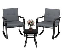Ensemble de mobilier de jardin - Ensemble bistro avec 3 pièces : 2 fauteuils berçants avec coussins, une table avec plateau en verre trempé, structure en acier résistant aux intempéries. Idéal pour te