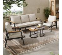 Ensemble de mobilier de jardin, ensemble confortable comprenant une banquette 3 places, 2 fauteuils et 2 tables basses, plateau en verre et en plastique imitation bois gris, acier galvanisé, gris
