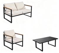 Ensemble de mobilier de jardin - Ensemble lounge de 4 pièces - Structure en bois - Revêtement en cuir - Blanc - Composé d'une banquette deux places, de 2 fauteuils et d'une table basse