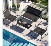 Ensemble de mobilier de jardin - Ensemble pour balcon ou terrasse, composé de 4 pièces : une banquette, 2 chaises et une table en verre, pour 4 personnes. Structure en métal avec revêtement en Textile