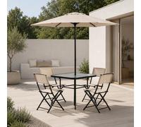 Ensemble de mobilier de jardin, idéal pour balcon. Comprend : 6 pièces, dont 4 chaises pliantes, une table en verre et un parasol. Résistant aux intempéries. Parfait pour le jardin, la terrasse ou le