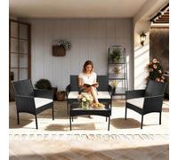 Ensemble de mobilier de jardin Ikodm, 4 pièces, en résine tressée, comprenant 2 fauteuils, une banquette 2 places et une table en verre, de couleur noire