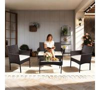 Ensemble de mobilier de jardin ISOISL, 4 pièces, en résine tressée, comprenant 2 fauteuils, une banquette 2 places et une table en verre, de couleur marron