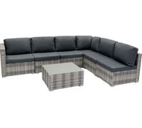 Ensemble de mobilier de jardin modulaire en rotin, 7 pièces, Marielle Gris : canapé 5 places, fauteuils d'angle avec coussins, table avec plateau en verre, housses lavables et résistantes aux UV, pour