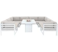 Ensemble de mobilier de jardin modulaire, grand modèle blanc, 8 places, en forme de U, avec canapé et table équipés de coussins et d'un foyer à gaz. Ensemble d'angle pour terrasse extérieure en alumin