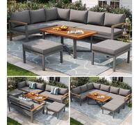 Ensemble de mobilier de jardin pour 7 à 8 personnes - Salon de jardin 6 pièces résistant aux intempéries - Ensemble de salon avec structure en fer galvanisé et table en bois massif - Ensemble de jardi