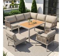 Ensemble de mobilier de jardin pour 7 personnes : canapé d'angle en L avec fauteuil, ensemble de salon de jardin résistant aux intempéries composé d'une structure en fer et d'une table en WPC, avec co