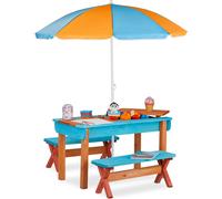 Ensemble de mobilier de jardin pour enfants Relaxdays, en bois, comprenant une table de jeu, 2 bancs et un parasol, mobilier d'extérieur pour enfants, coloré