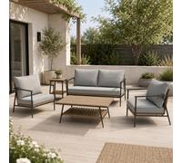 Ensemble de mobilier de jardin pour extérieur, collection "Home". Comprend : un canapé 2 places, 2 fauteuils, une table basse et une table d'appoint. Composé de 5 pièces. Coussins amovibles. Matériau 