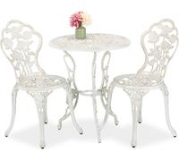 Ensemble de mobilier de jardin Relaxdays, 3 pièces, table et 2 chaises, mobilier de balcon vintage, fonte d'aluminium, salon de jardin, blanc/bronze