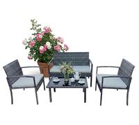 Ensemble de mobilier de jardin Relaxdays, ensemble de salon en rotin 4 pièces, 4 personnes, banc, chaises et table en verre, mobilier de détente, d'extérieur, gris