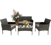 Ensemble de mobilier de jardin Relaxdays, ensemble de salon en rotin 4 pièces, pour 4 personnes, banc, fauteuils et table en verre, mobilier de détente, d'extérieur, noir